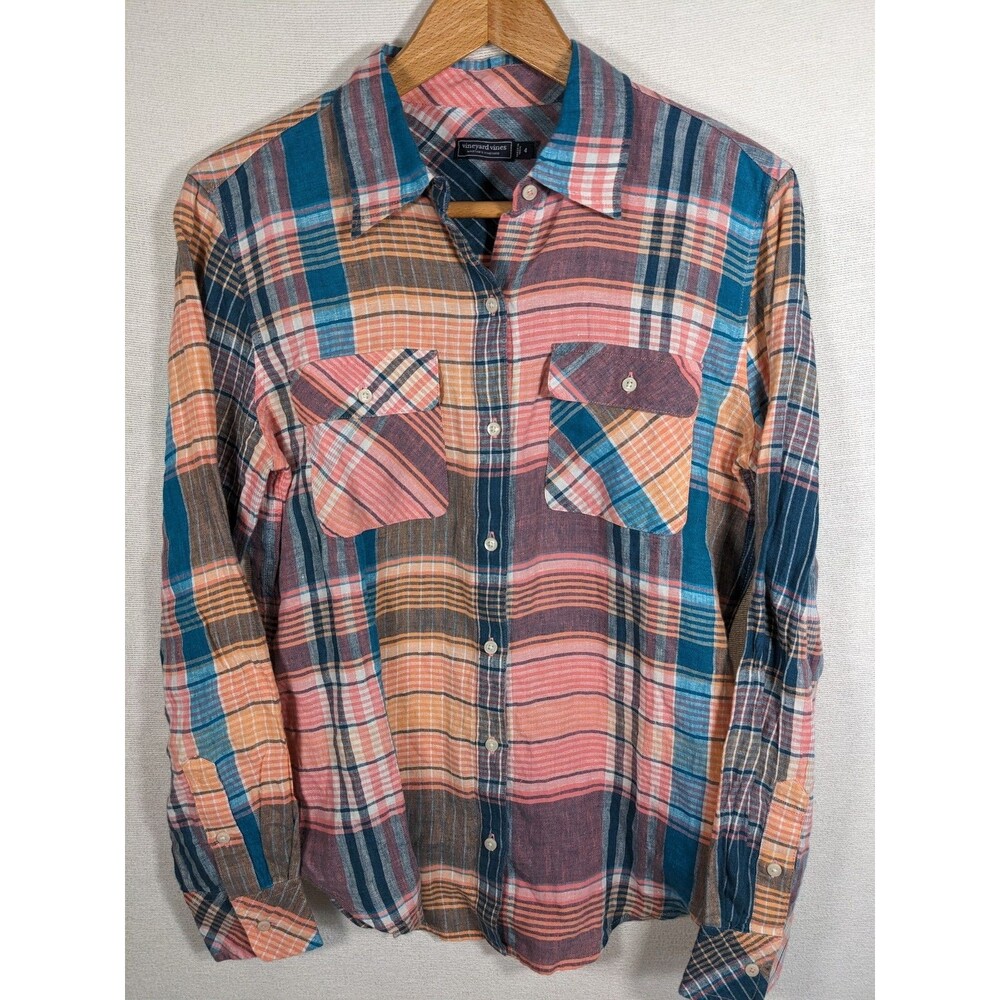 Vineyard Vines 100% Linen Plaid Button Down Long Sleeve Sz 4 Martha's Vineyard